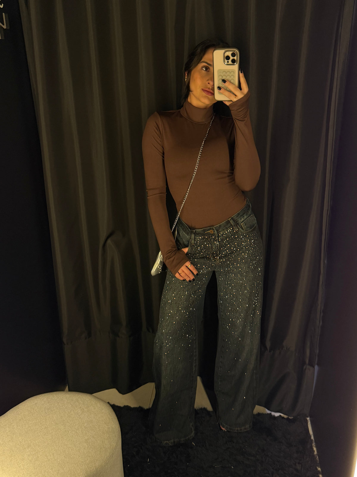 Calça Jeans Aplicações Brilho Tinto Marrom Consciência