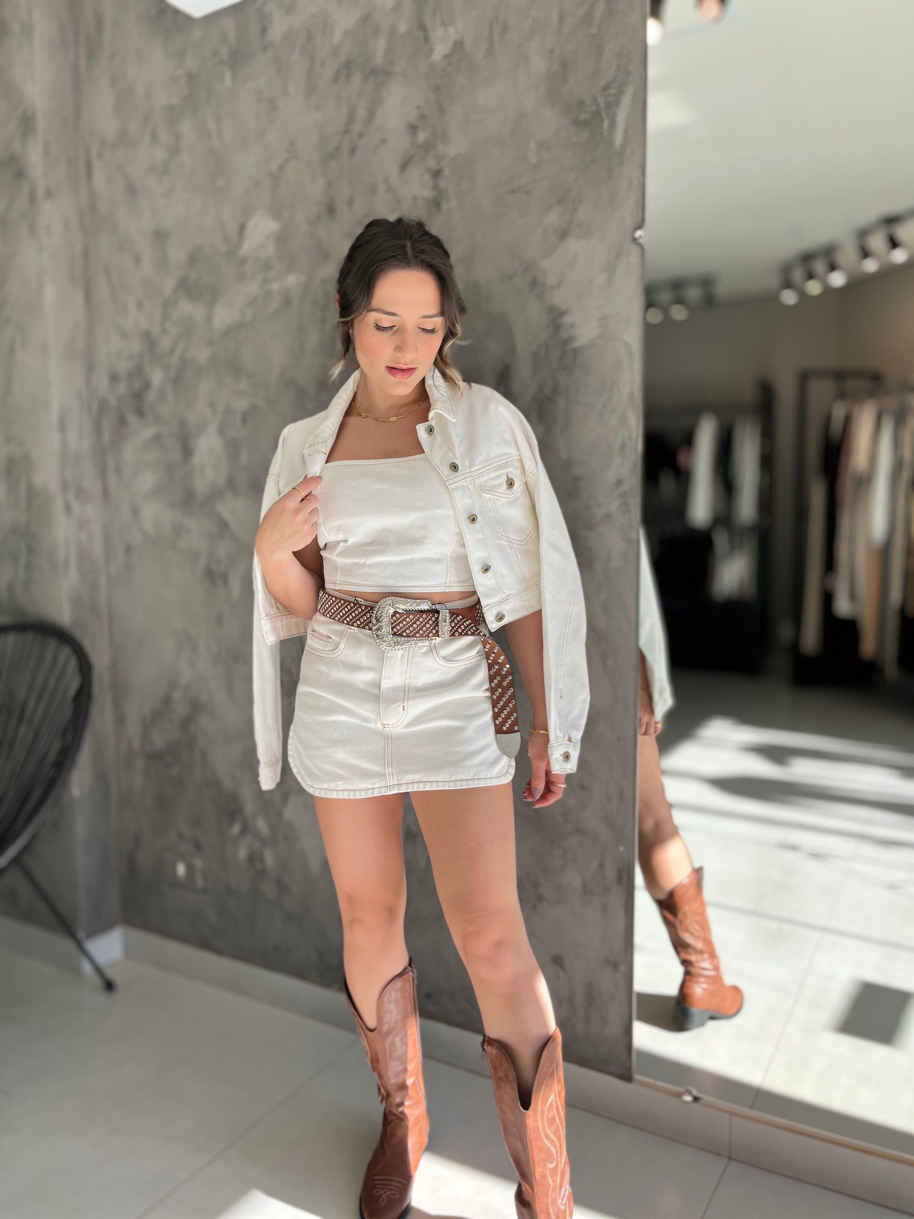 Conjunto Jeans Feminino Western 3 Peças Off White