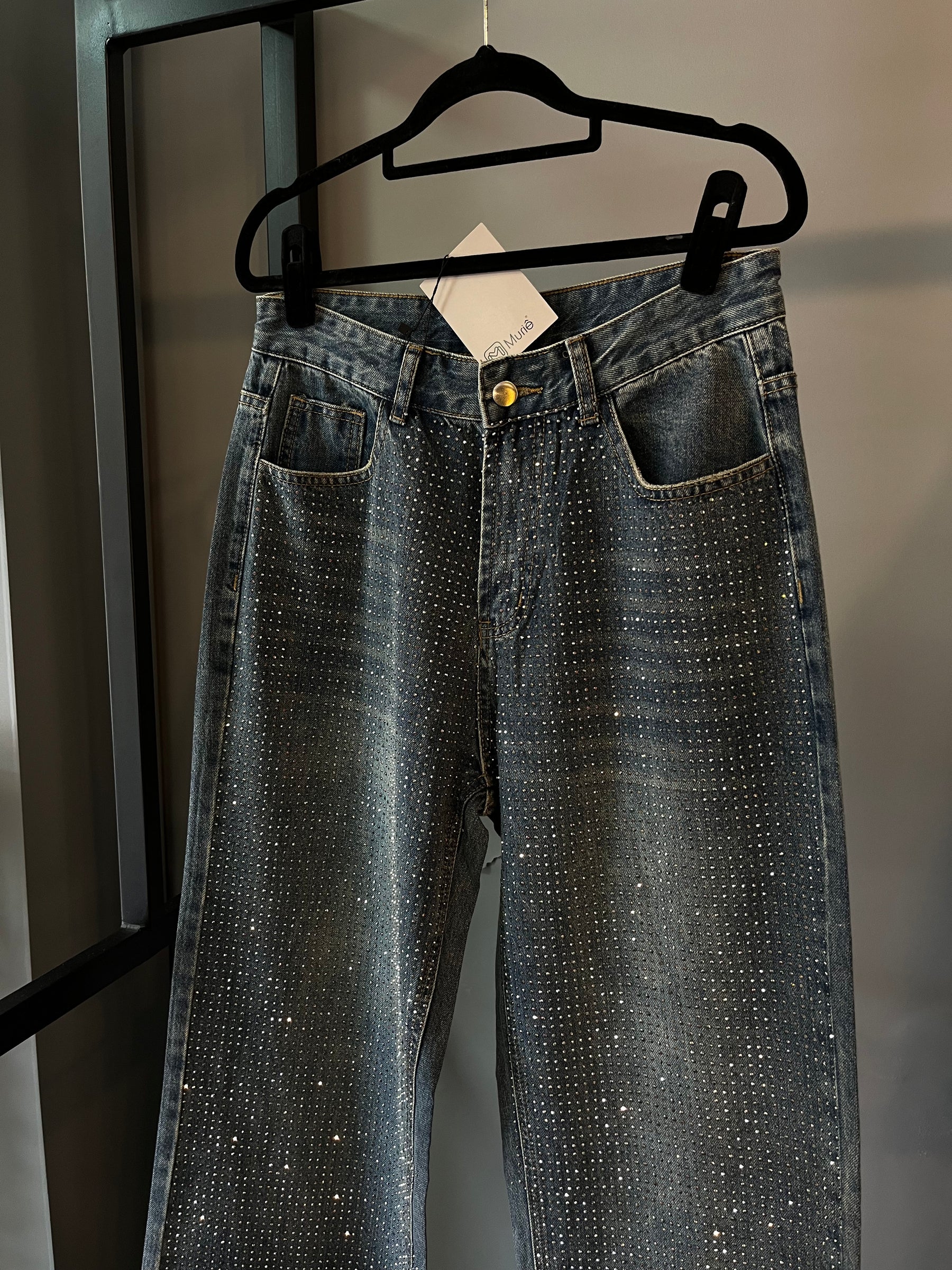 Calça Jeans Wide Leg Cravejada Strass Brilho - Escura