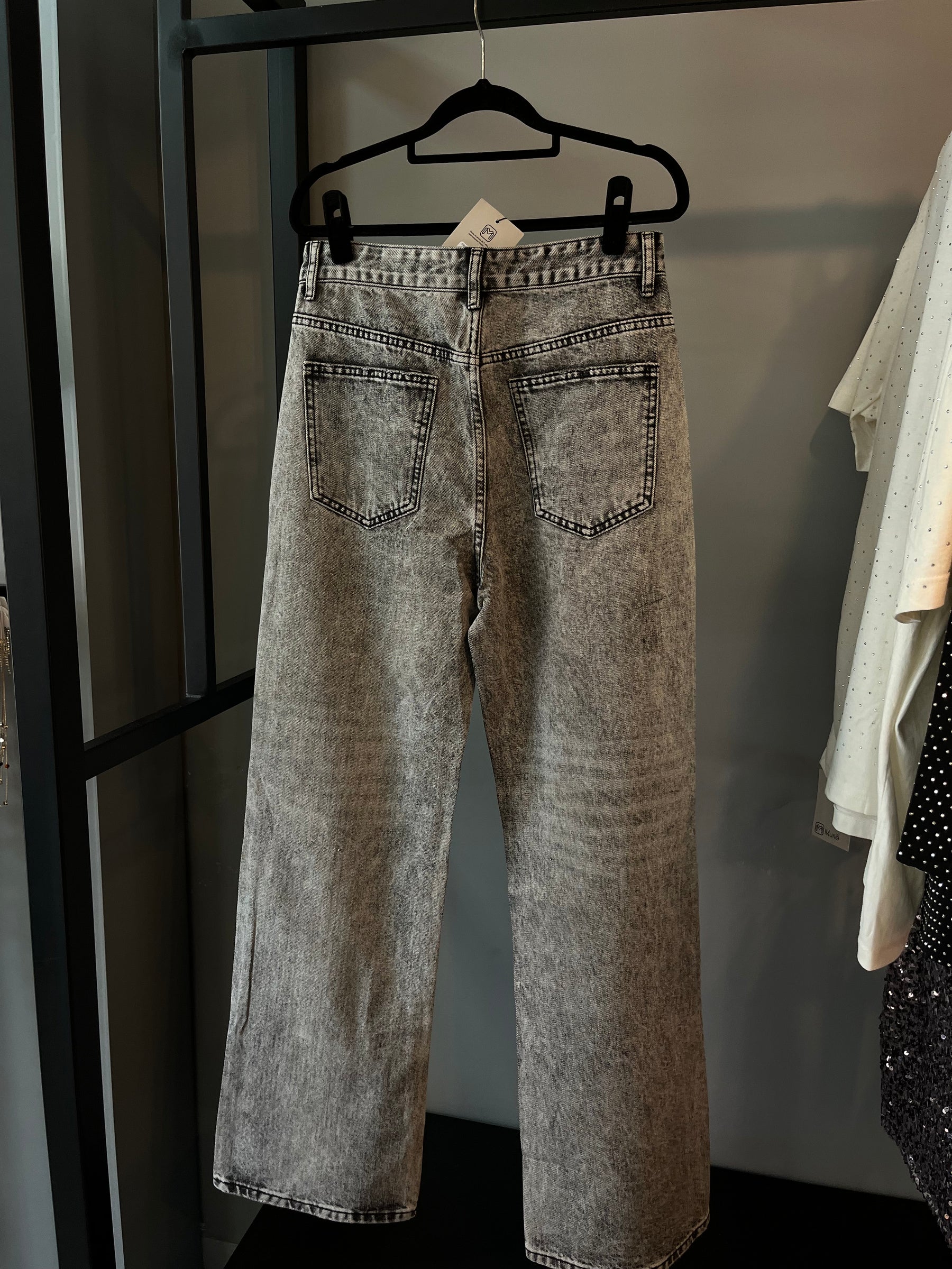 Calça Jeans Wide Leg Cravejada Strass Brilho - Grafite