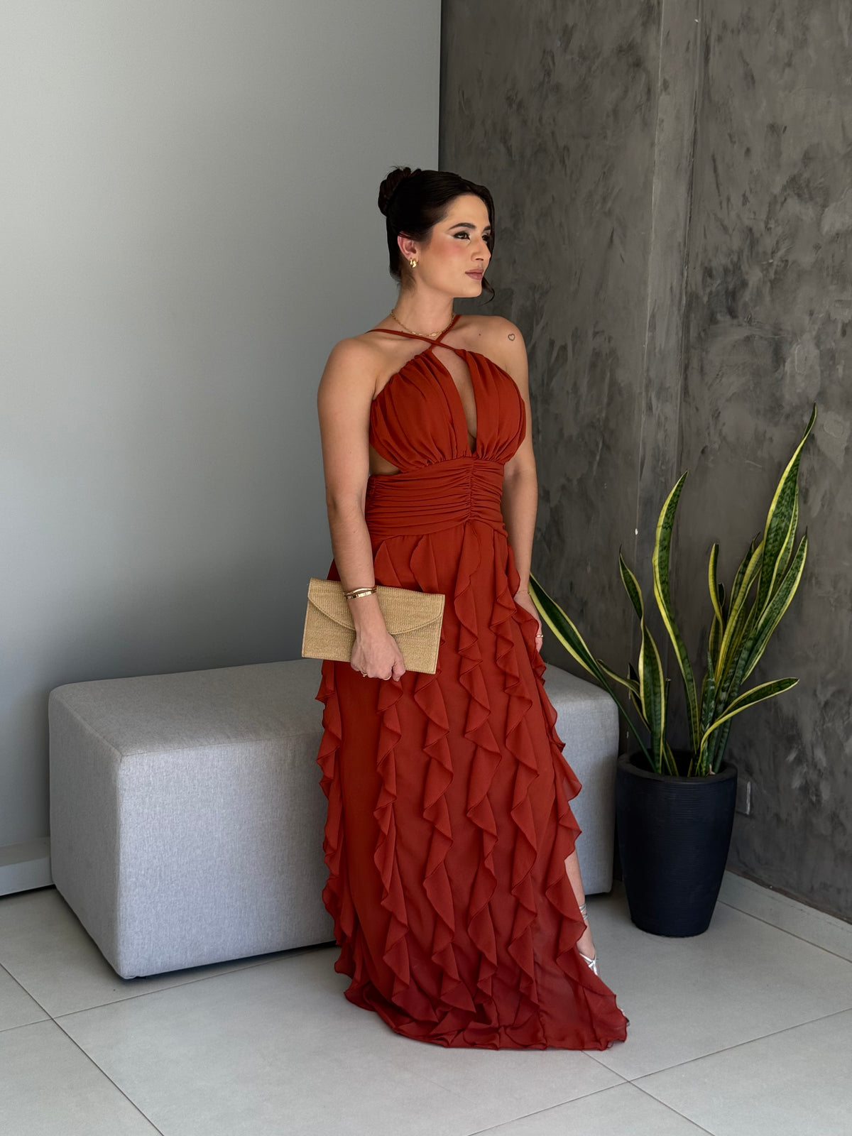 Vestido Longo Babados Chiffon Thalita
