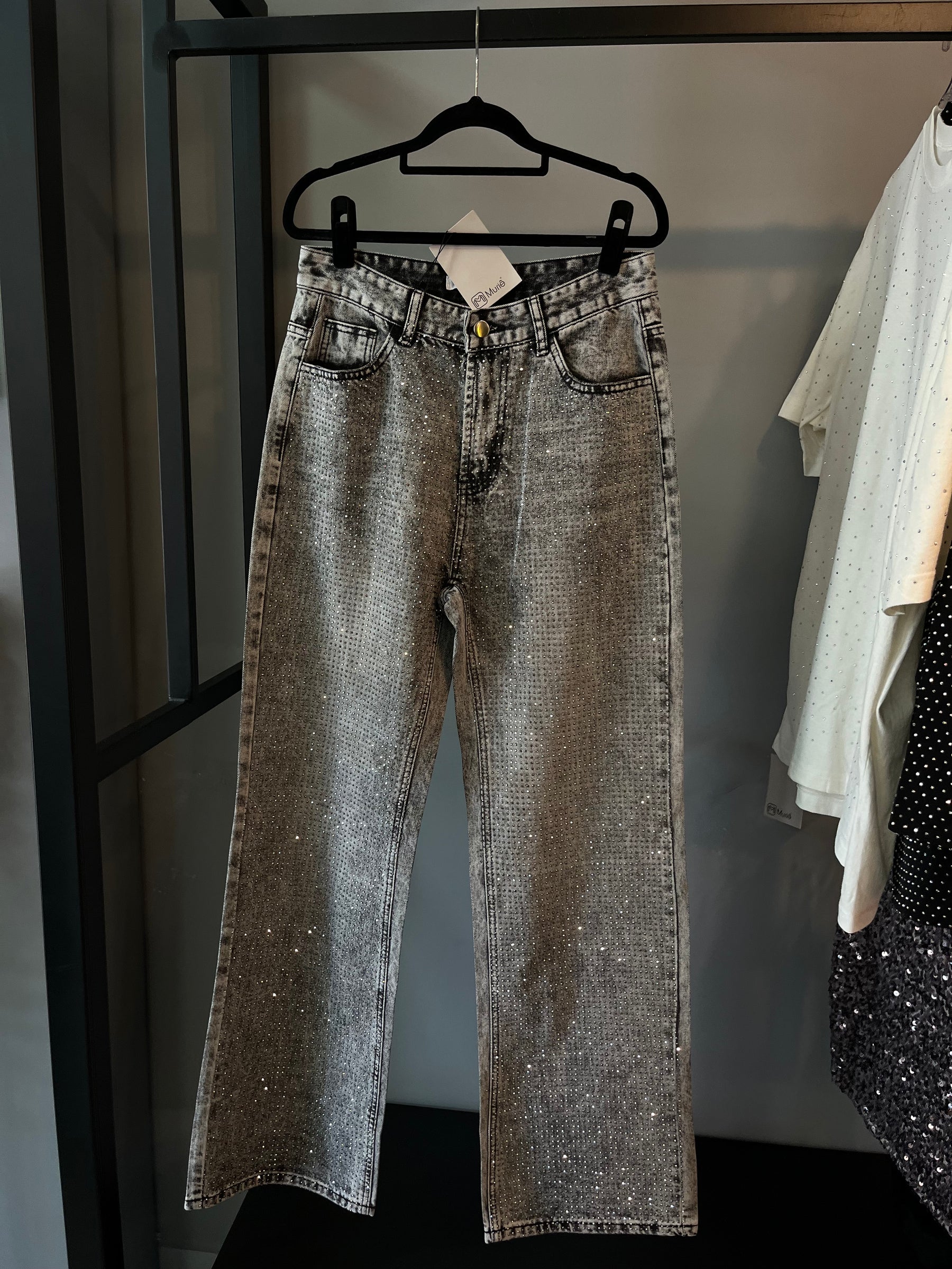 Calça Jeans Wide Leg Cravejada Strass Brilho - Grafite