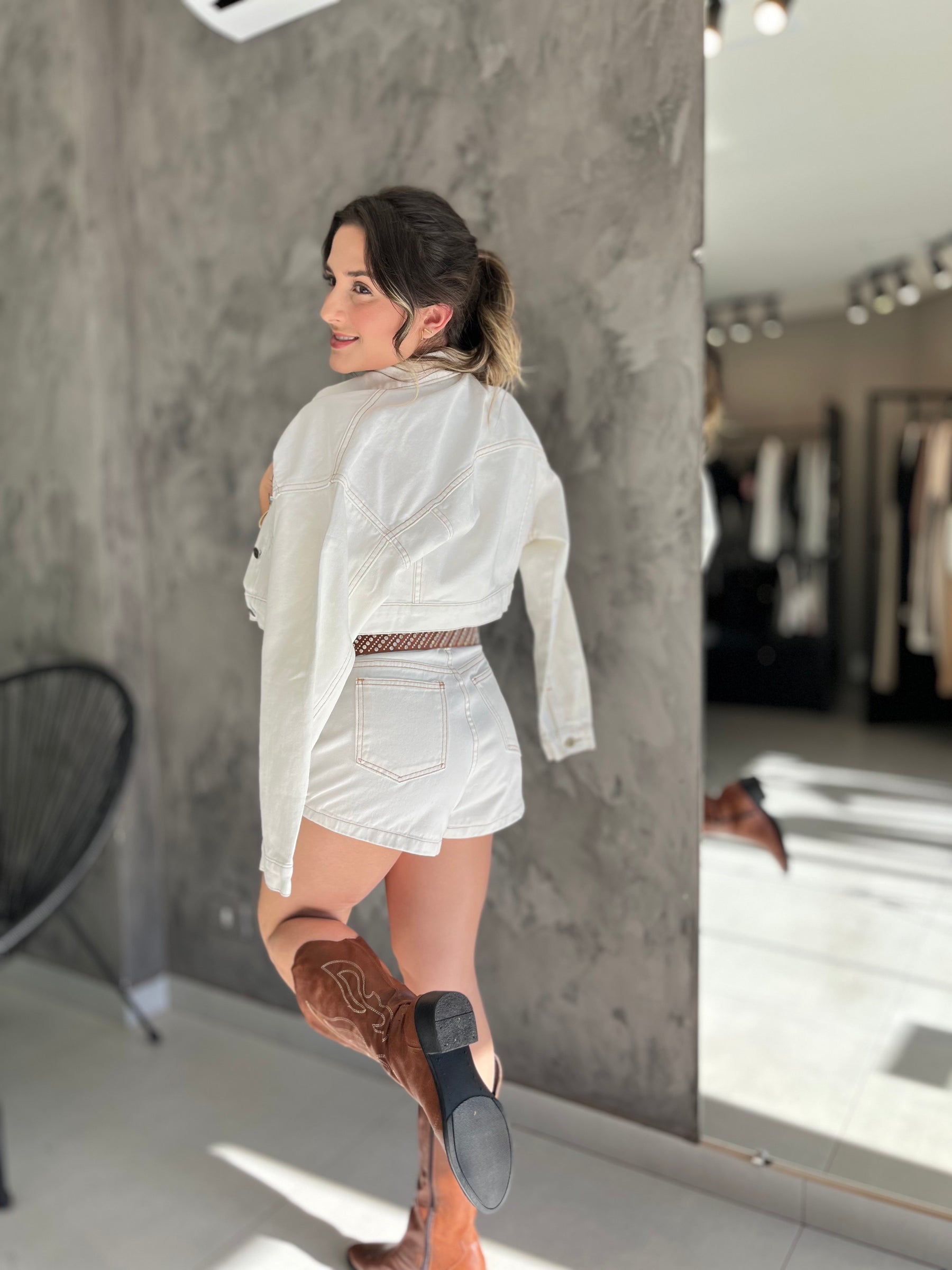 Conjunto Jeans Feminino Western 3 Peças Off White