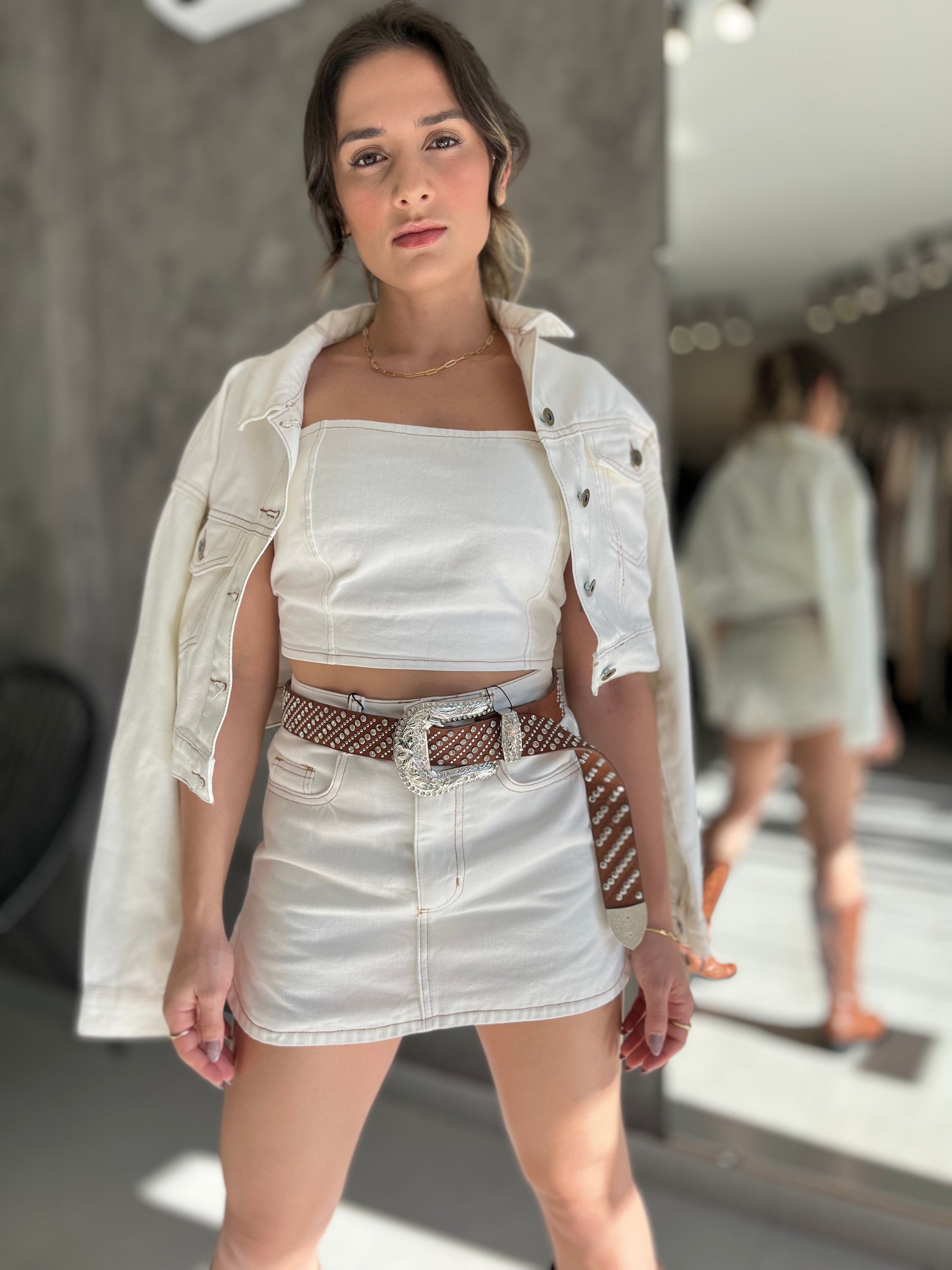 Conjunto Jeans Feminino Western 3 Peças Off White