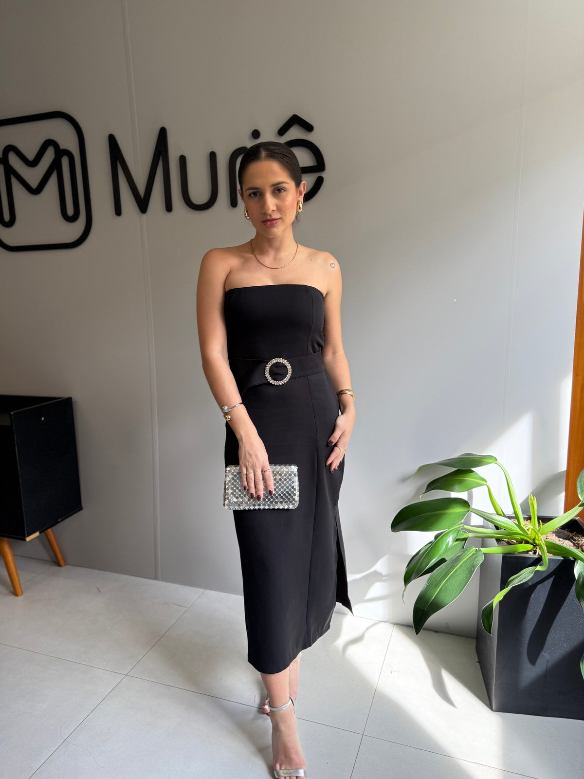 Vestido de Festa Social Midi em Alfaiataria Preto