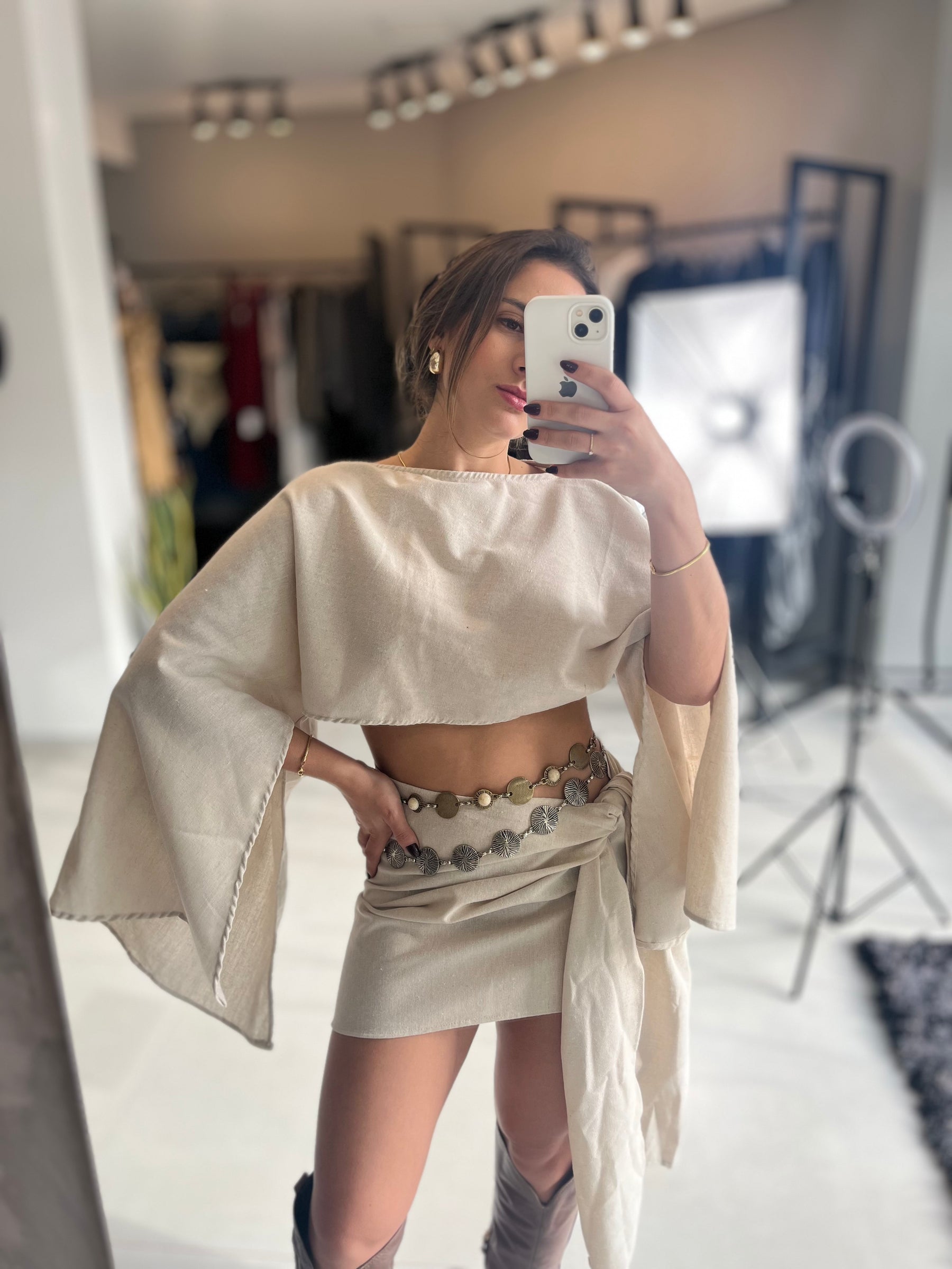 Conjunto Feminino em Linho com Bata e Saia Bege- Hadassa