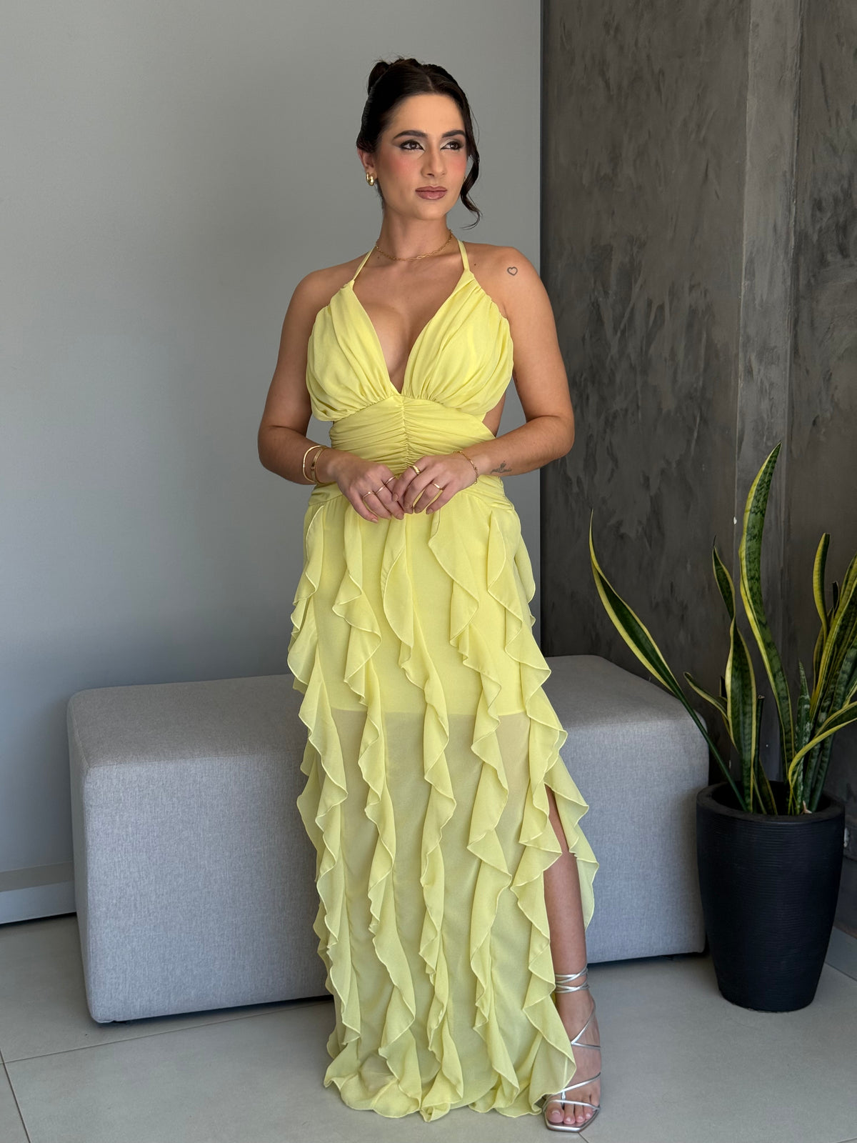 Vestido Longo Babados Chiffon Thalita