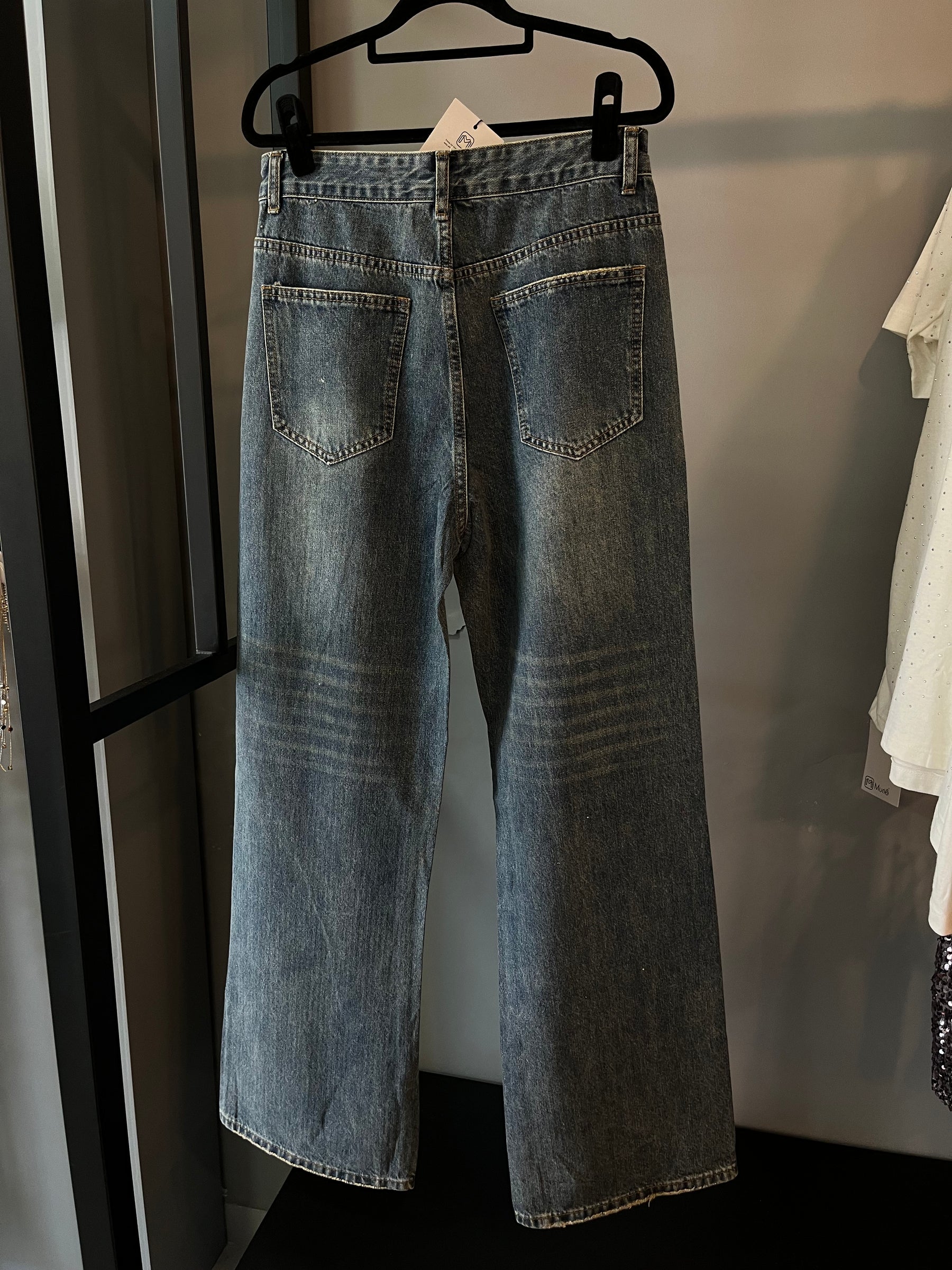 Calça Jeans Wide Leg Cravejada Strass Brilho - Escura