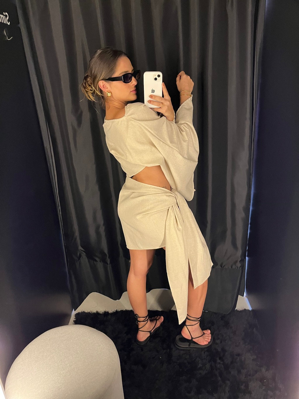 Conjunto Feminino em Linho com Bata e Saia Bege- Hadassa