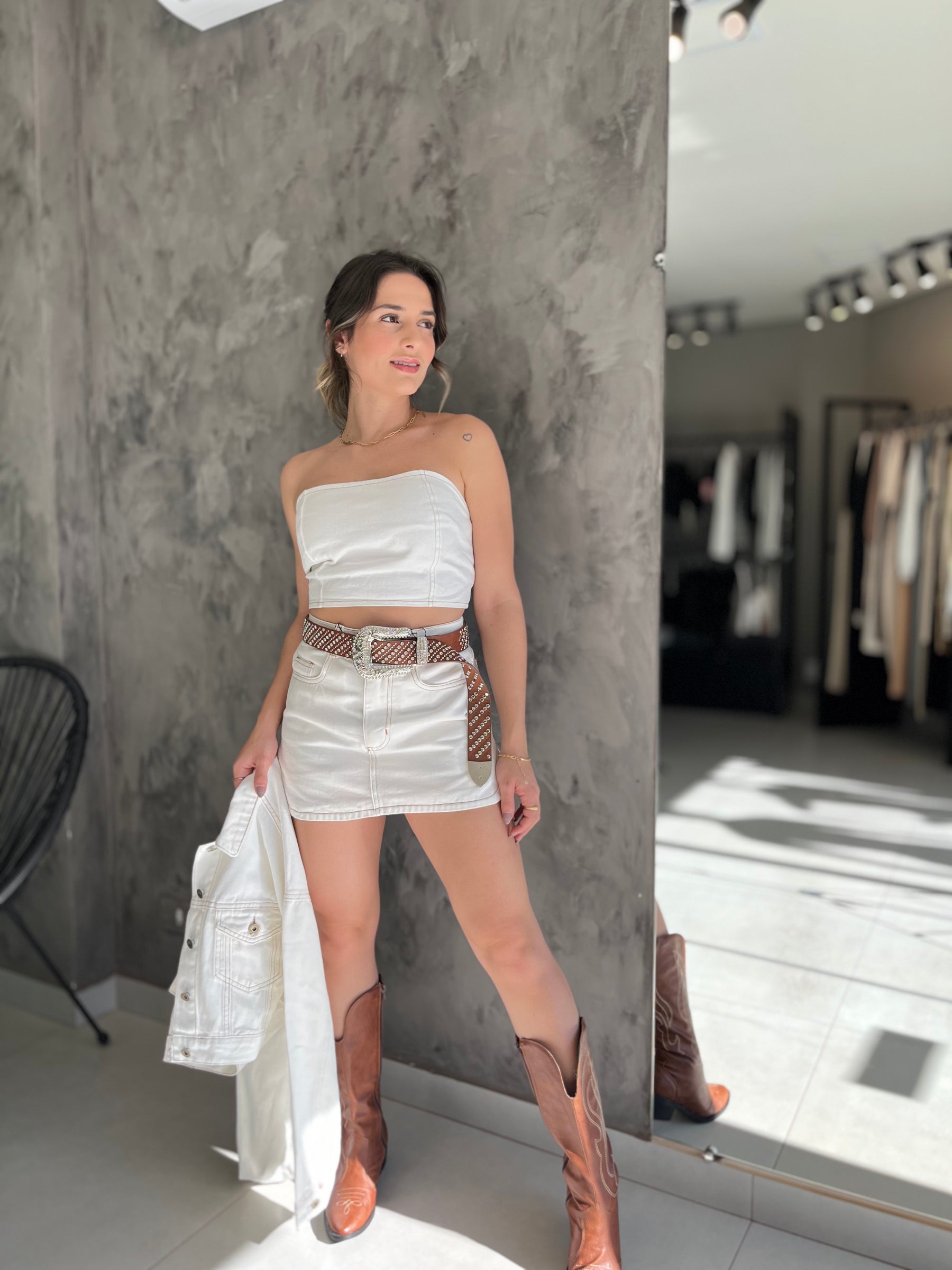 Conjunto Jeans Feminino Western 3 Peças Off White