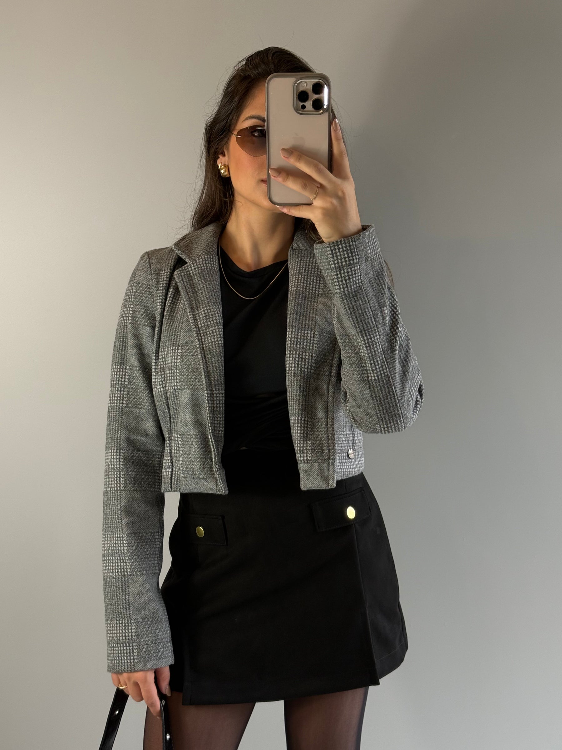 Blazer Cropped Xadez Lã Batida