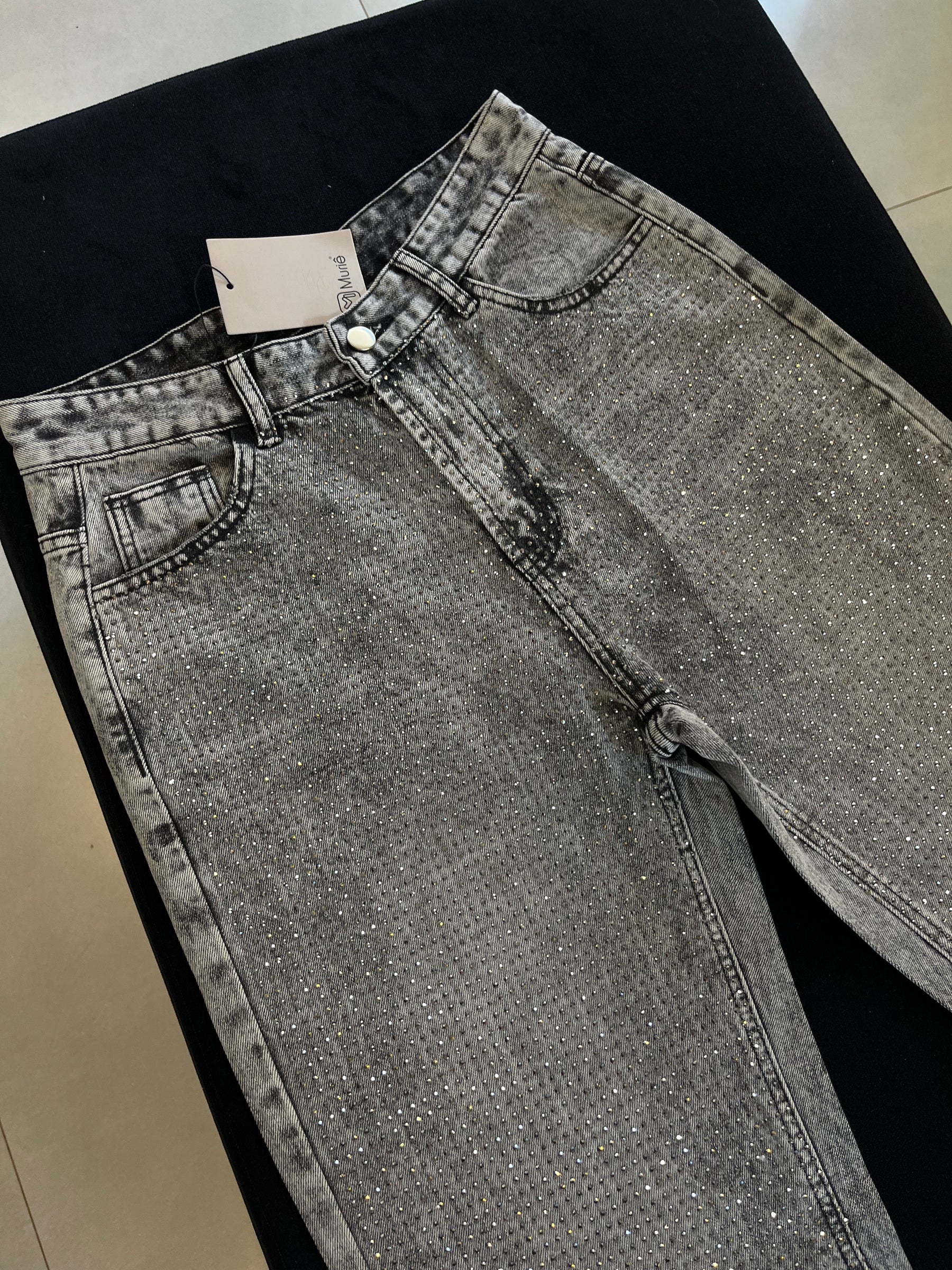 Calça Jeans Wide Leg Cravejada Strass Brilho - Grafite