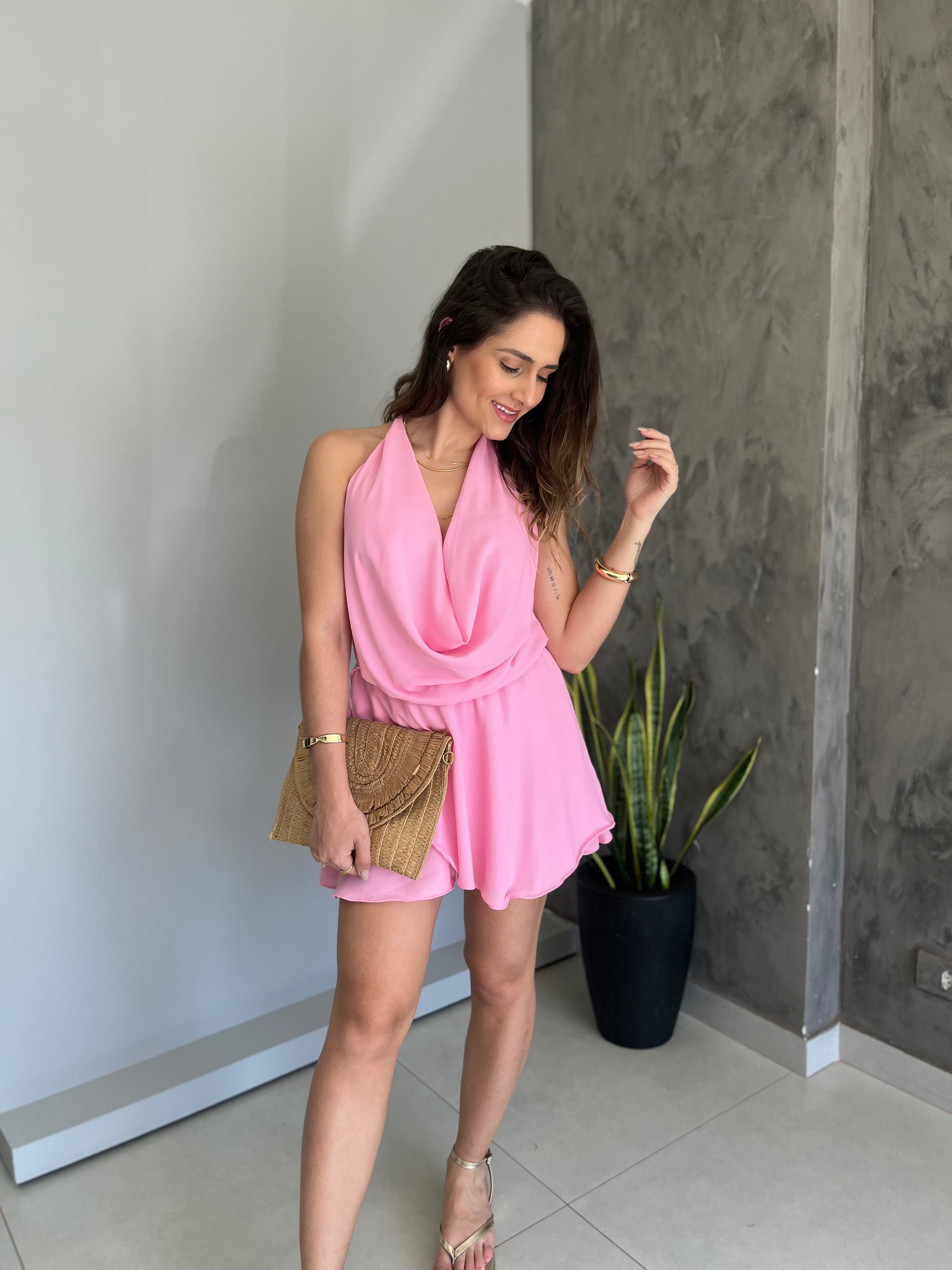 Macaquinho Vestido Curto Gola Degage Verão- Cris