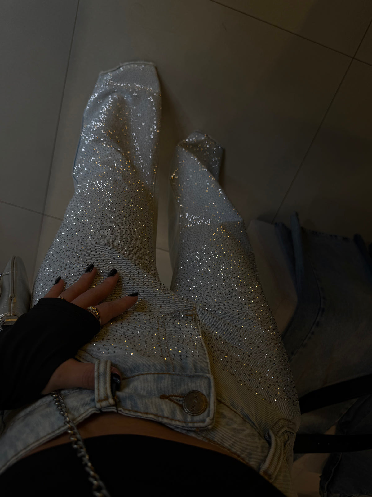 Calça Jeans Wide Leg com Brilho Cristais
