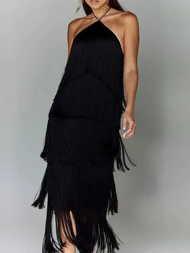 Vestido Longo com Franjas em Camadas – Moda Festa Glamourosa
