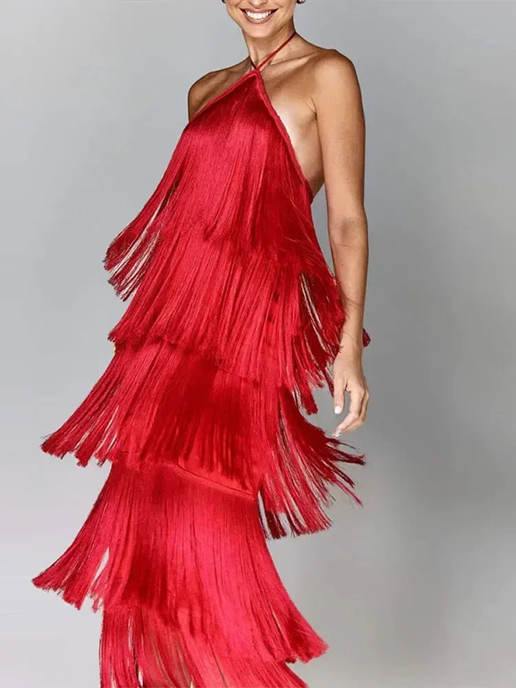 Vestido Longo com Franjas em Camadas – Moda Festa Glamourosa