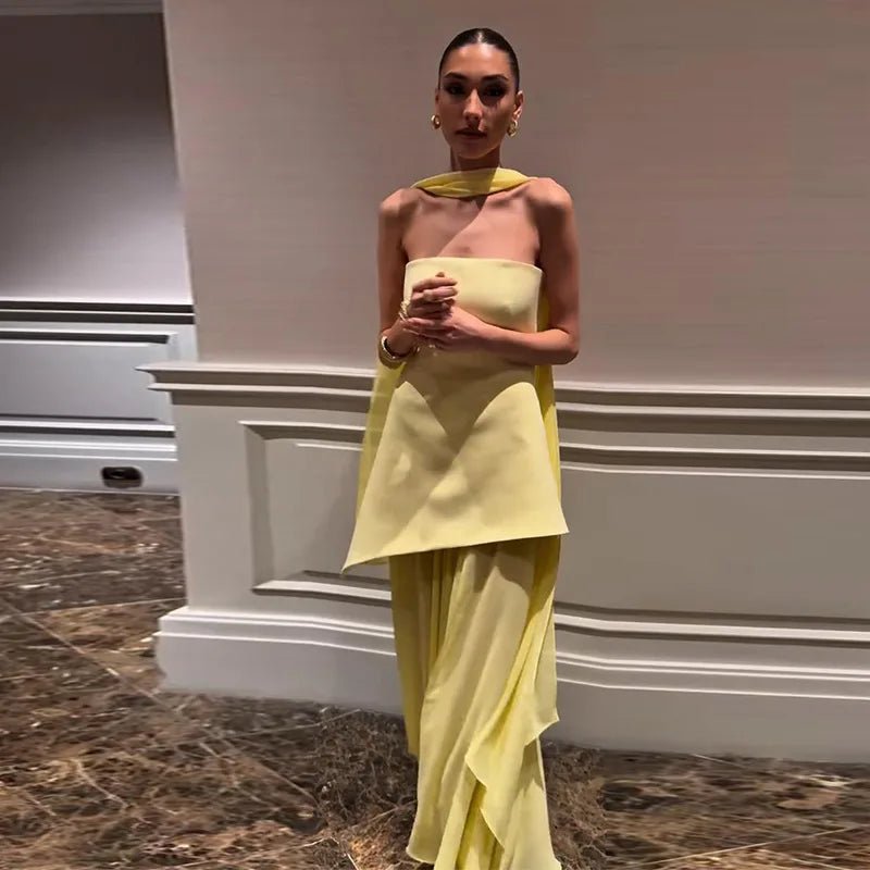Vestido Longo Amarelo Estruturado Minimalista – Moda Festa Elegante