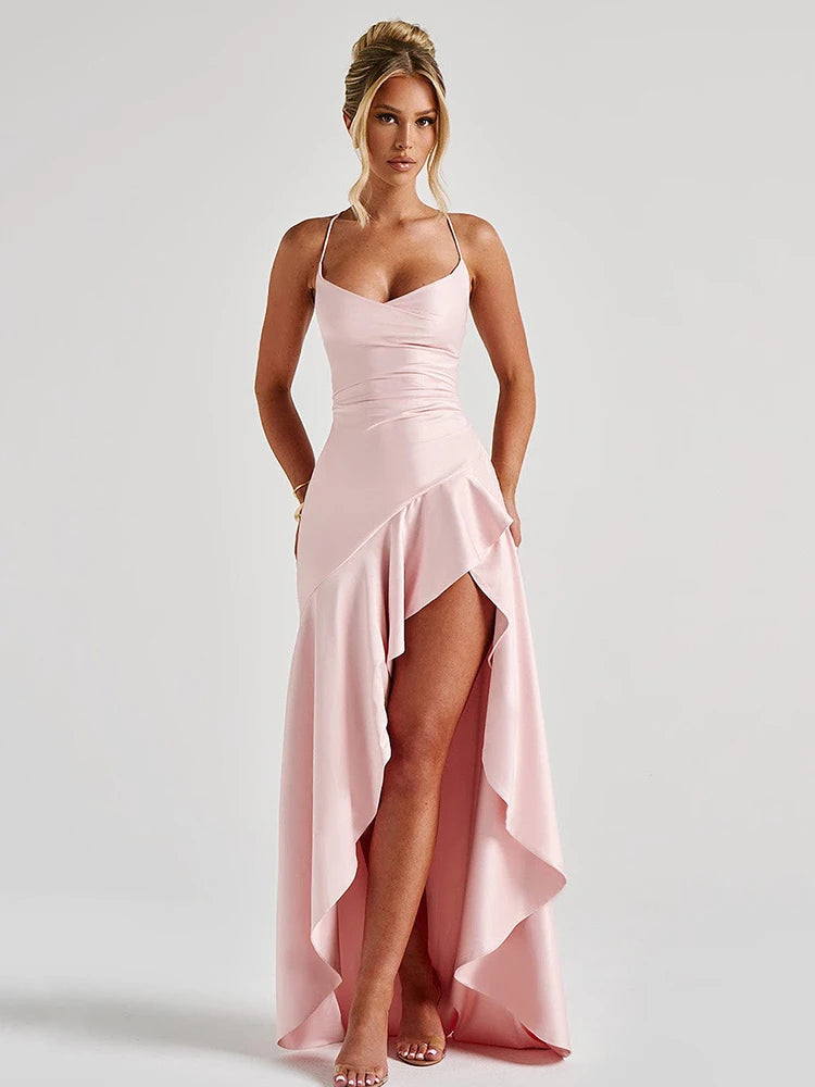 Vestido Longo de Cetim com Fenda Lateral Stela – Moda Festa