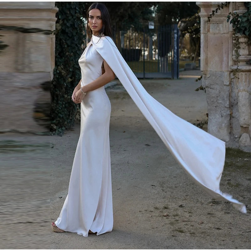 Vestido Longo de Cetim Ombro Único e Capa Lateral Melissa para Festa