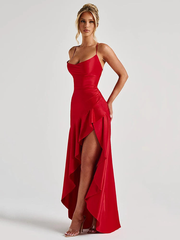 Vestido Longo de Cetim com Fenda Lateral – Moda Festa Elegante