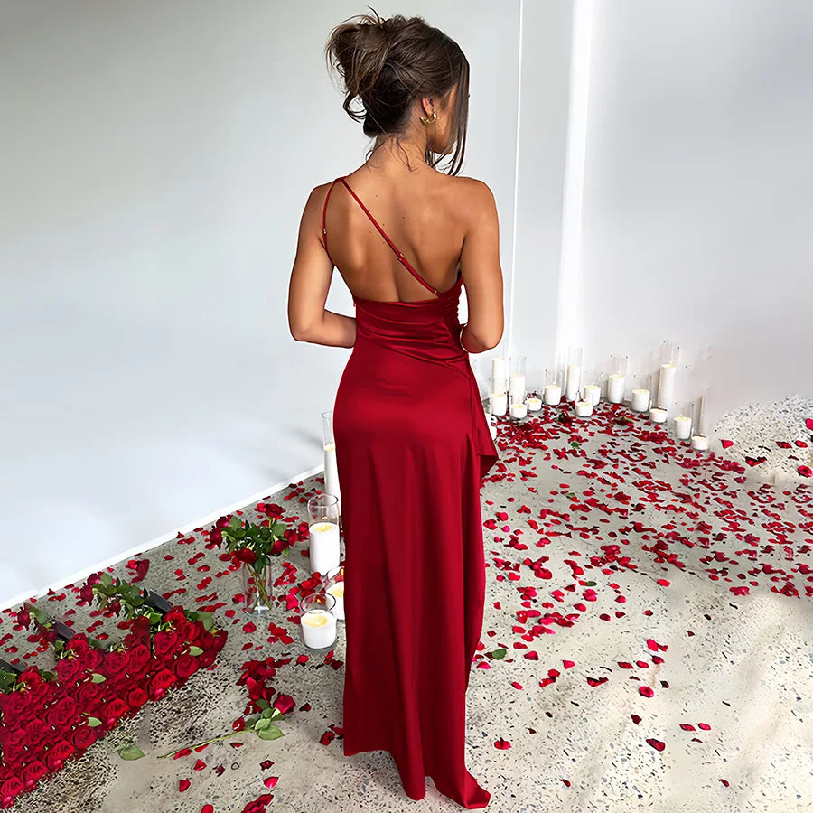 Vestido Longo Vermelho de Um Ombro Só com Fenda – Moda Festa Elegante