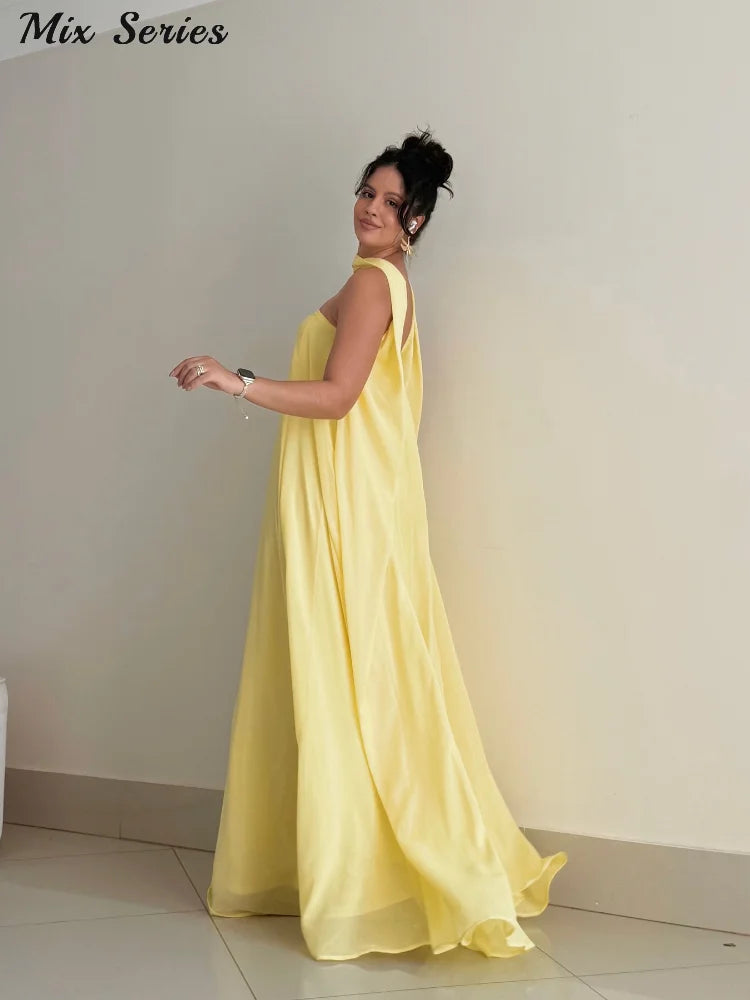 Vestido Longo Amarelo Estruturado Minimalista – Moda Festa Elegante