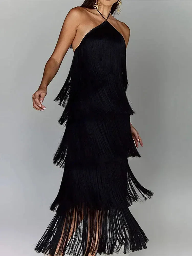 Vestido Longo com Franjas em Camadas – Moda Festa Glamourosa