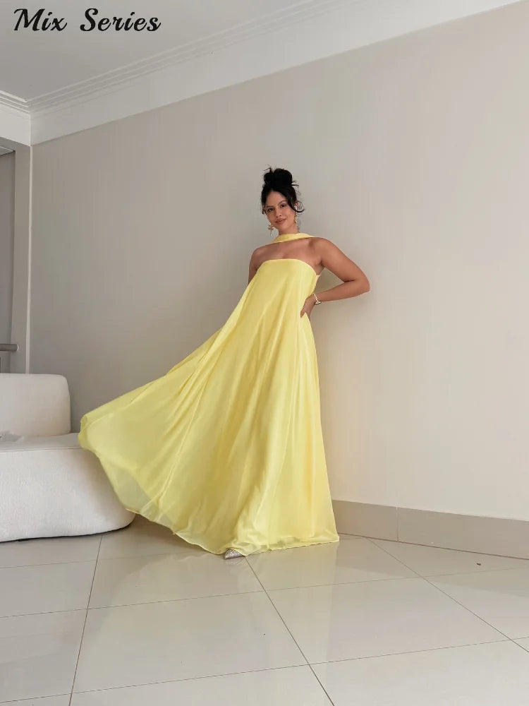 Vestido Longo Amarelo Estruturado Minimalista – Moda Festa Elegante