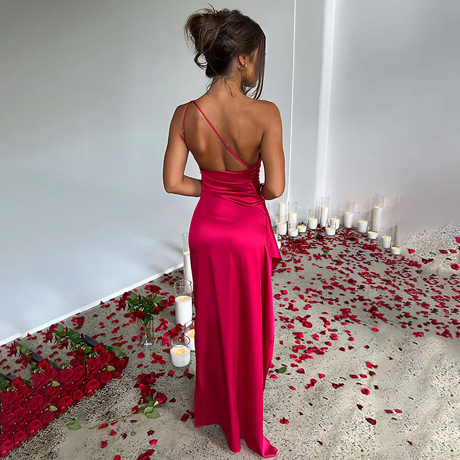 Vestido Longo Cetim Um Ombro Só Fenda – Moda Festa Elegante