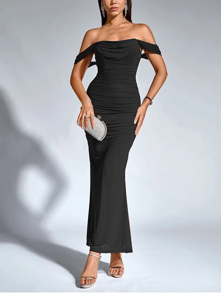 Vestido Longo Ombro a Ombro Drapeado – Moda Festa Elegante
