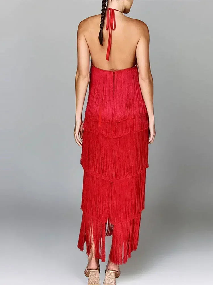 Vestido Longo com Franjas em Camadas – Moda Festa Glamourosa