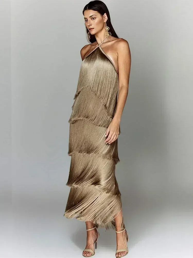Vestido Longo com Franjas em Camadas – Moda Festa Glamourosa