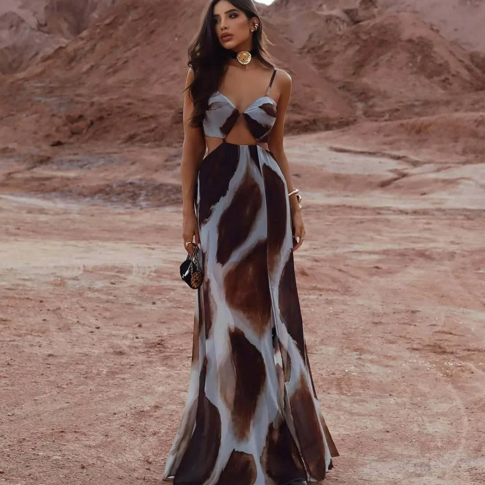 Vestido Longo Feminino Estampado com Recortes na Cintura – Moda Verão Elegante