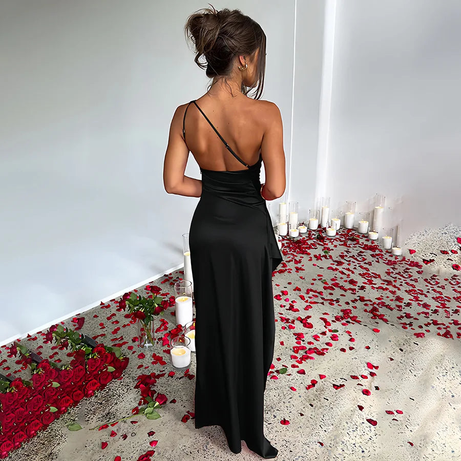 Vestido Longo Cetim Um Ombro Só Fenda – Moda Festa Elegante