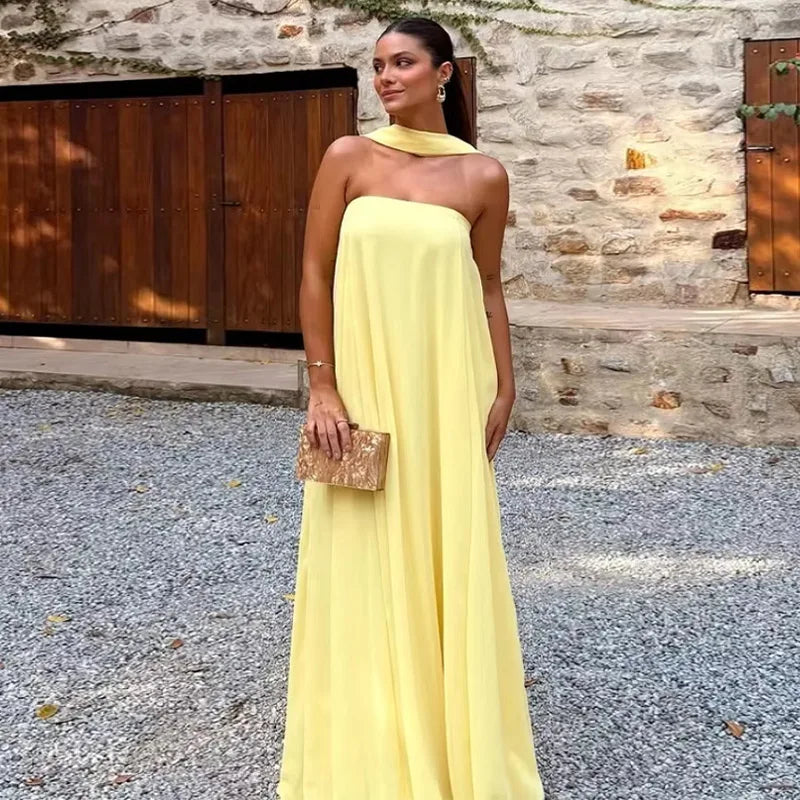 Vestido Longo Amarelo Estruturado Minimalista – Moda Festa Elegante