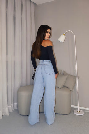 Calça Jeans Wide Leg com Brilho Cristais