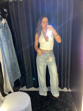 Calça Jeans Wide Leg Cravejada Strass Brilho - Clara