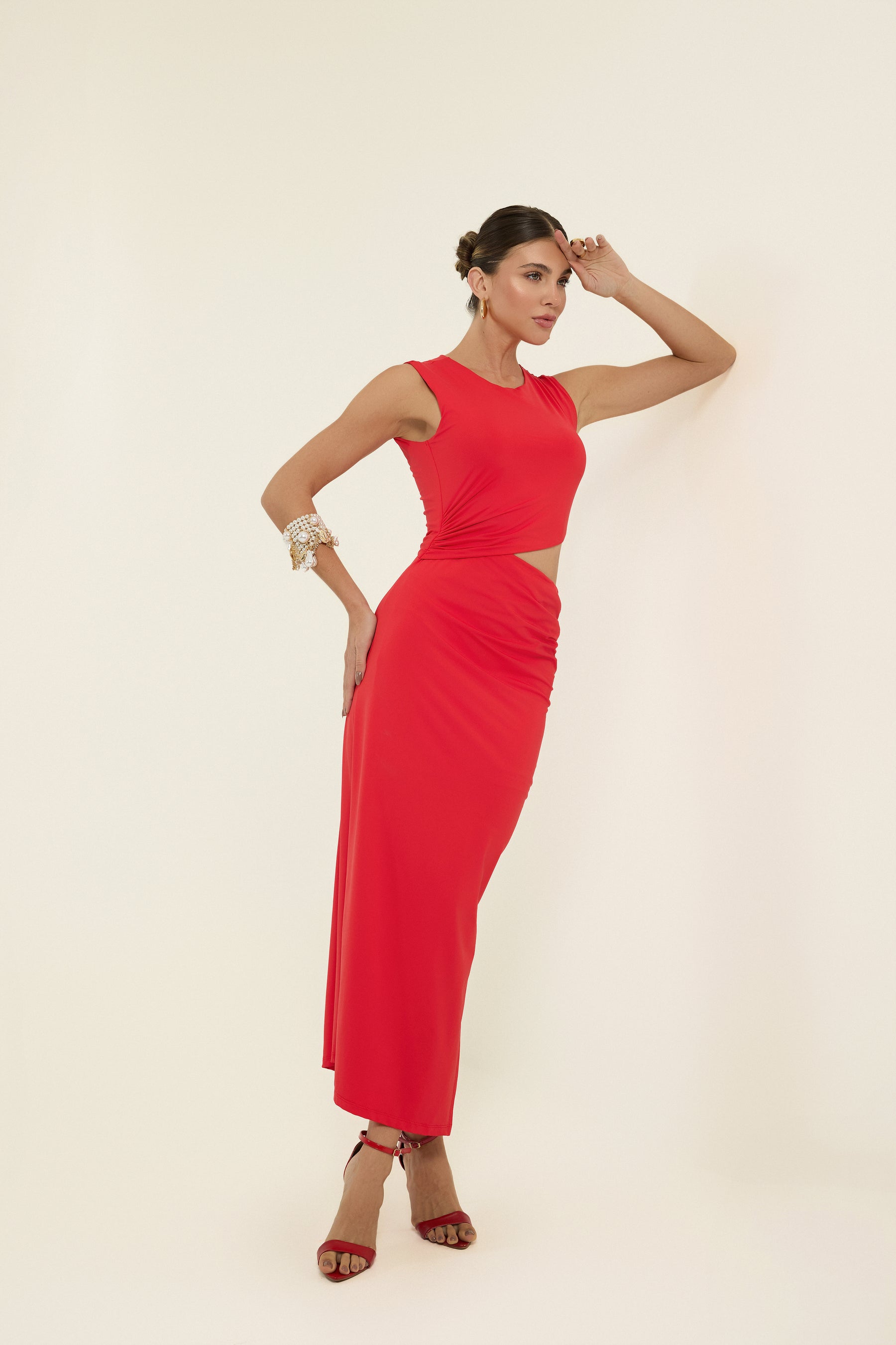 Vestido de Festa Midi Abertura Cintura Vermelho - Naguchi