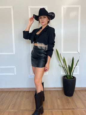 Blazer Cropped com Franjas de Strass