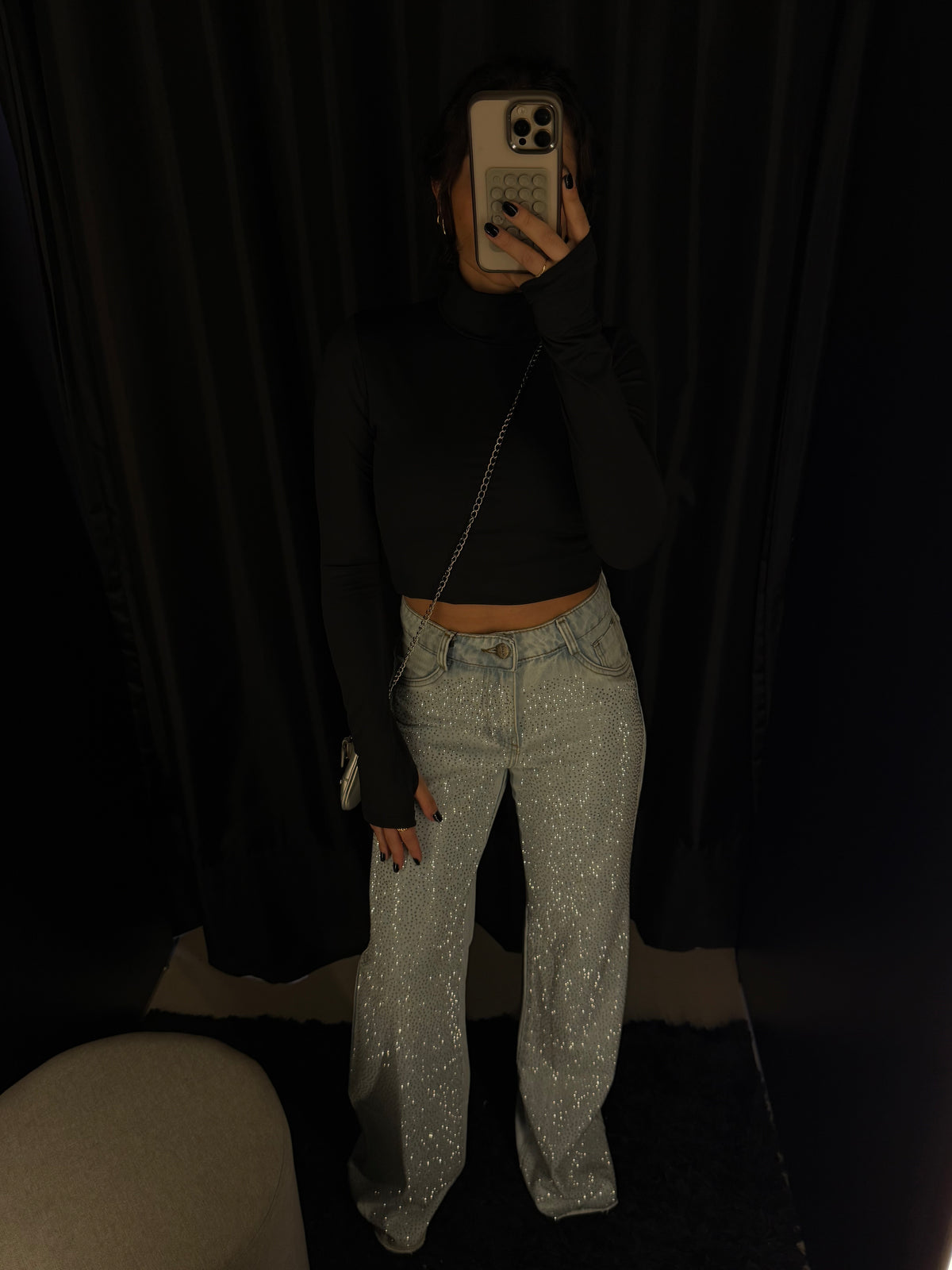 Calça Jeans Wide Leg com Brilho Cristais