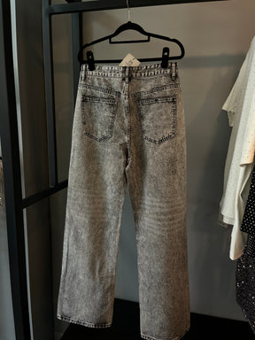 Calça Jeans Wide Leg Cravejada Strass Brilho - Grafite