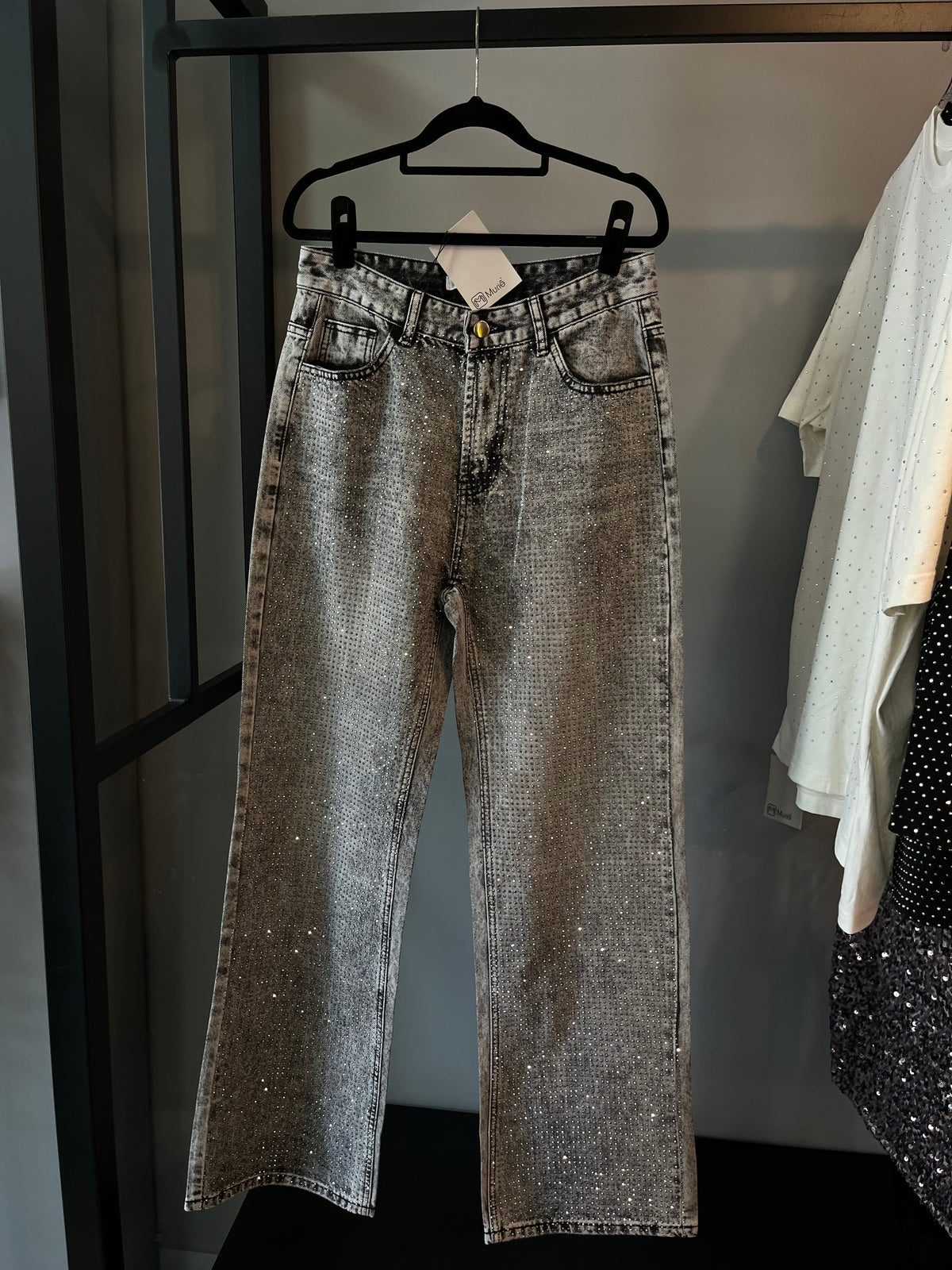 Calça Jeans Wide Leg Cravejada Strass Brilho - Grafite