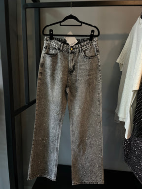 Calça Jeans Wide Leg Cravejada Strass Brilho - Grafite