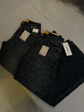 Calça Jeans Aplicações Brilho Tinto Marrom Consciência
