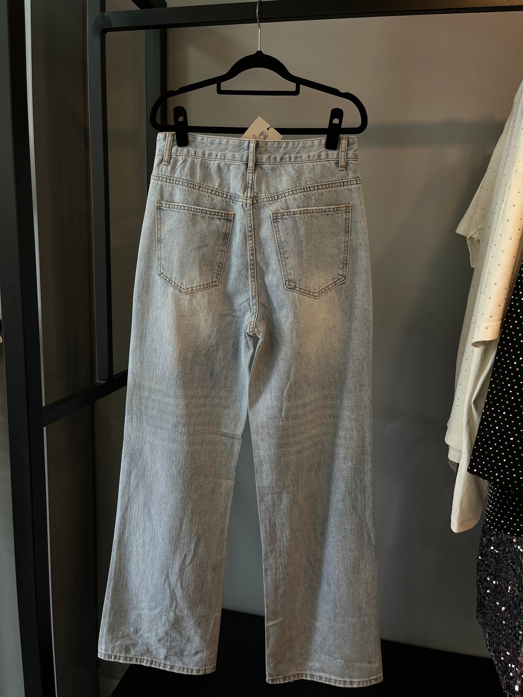 Calça Jeans Wide Leg Cravejada Strass Brilho - Clara