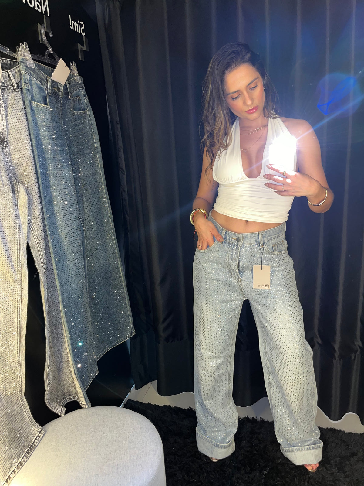 Calça Jeans Wide Leg Cravejada Strass Brilho - Clara
