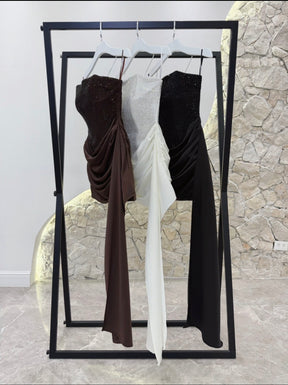 Vestido curto de Festa Corset Pedraria Cauda Marrom