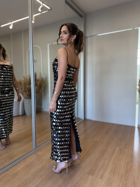 Vestido de Festa com Brilho Lantejoulas Midi
