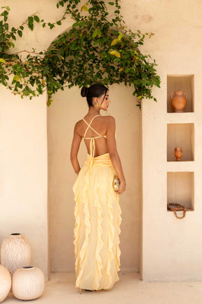 Vestido Longo Babados Chiffon Manteiga