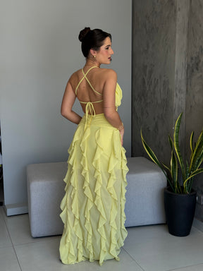 Vestido Longo Babados Chiffon Thalita